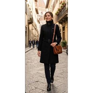 Burberry Black Belted Cashmere Nylon High Versatile Neck Button Down Coat Sz 8